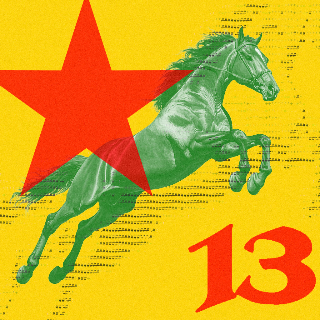 cavalo verde saltando sobre fundo amarelo com estrela vermelha e o número 13
