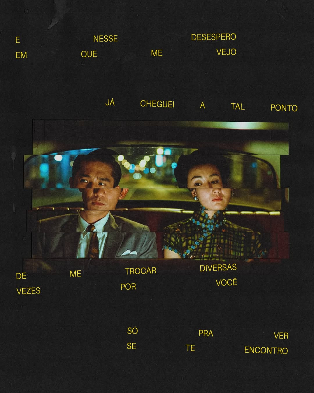 colagem de casal em um carro com poema em amarelo